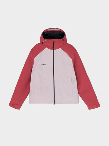 A colorblock hooded jacket by Armada, featuring a light pink body and dusty rose sleeves and shoulders, with a black zipper and black interior hood lining, shown on a plain white background.