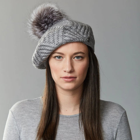 Harricana Chevron Beret w/ Fur Pom Hat