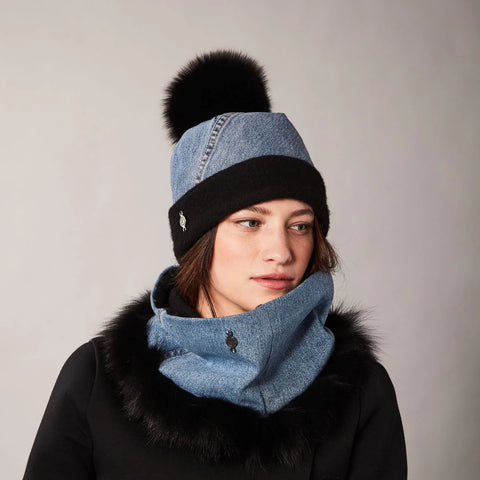Harricana Upcycled Jeans Beanie w/ Fur Pom Hat